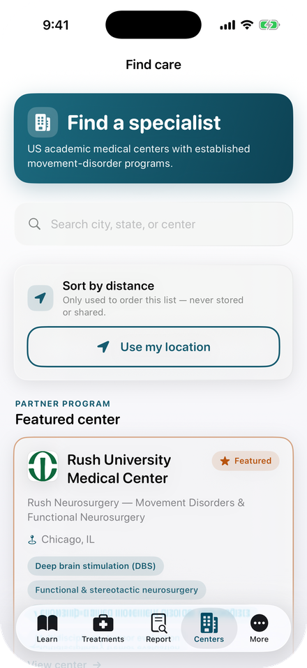 Find care: U.S. academic medical centers with movement disorder programs, sortable by distance.